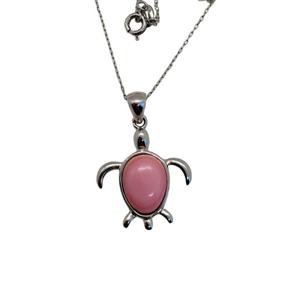 Pink Conch Sea Turtle Pendant Necklace Sterling Silver on 18" Chain - Picture 2 of 10